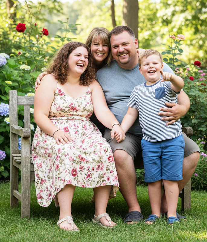 Fröhliche vierköpfige Familie mit übergewichtigen Kindern im Garten auf Bank sitzend