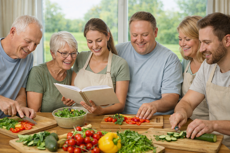 Sechs fröhliche Personen verschiedenen Alters an Arbeitsfläche mit frischem Gemüse